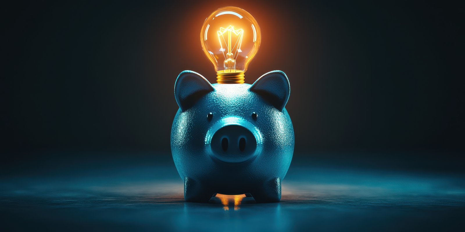 Creative concept of a piggy bank with a glowing light bulb on its head symbolizing innovative ideas about saving and investing money